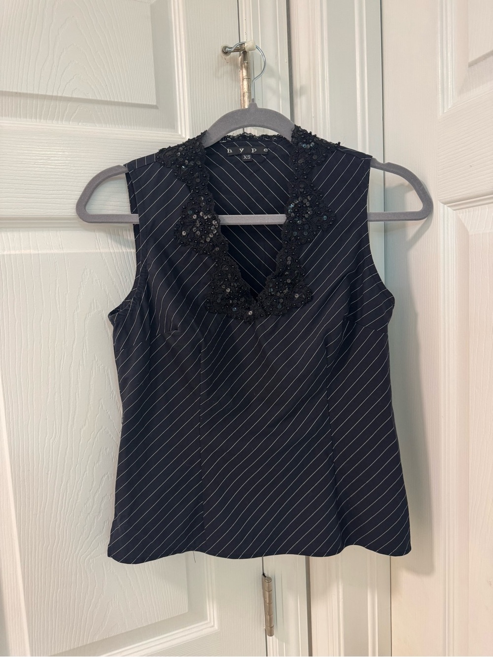 Vintage black pinstripe sleeveless top y2k lace beading size XS whimsygoth